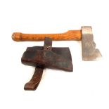 A German Firemans axe with leather sheath,