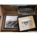 A selection of old black and white photographs, loose and framed,