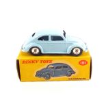A boxed Dinky Toys 181 Volkswagen in light blue with black wheels and unpainted hubs