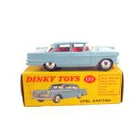 A boxed Dinky Toys 177 Opel Kapitan in mid blue body and red interior