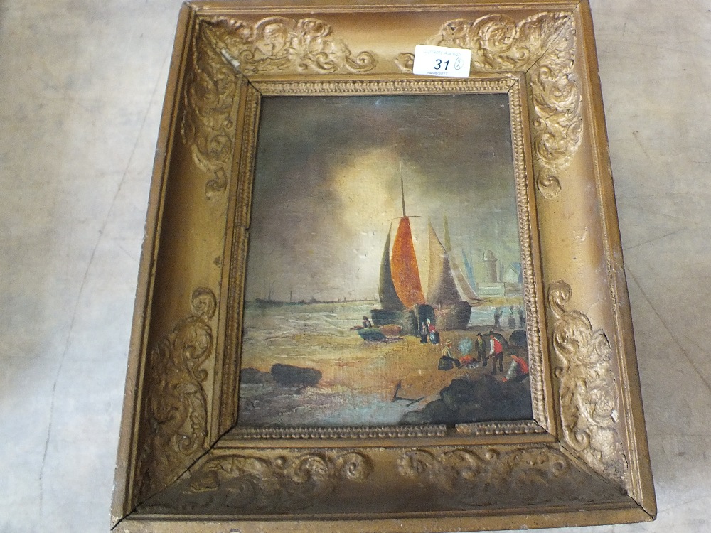 A pair of oils on board of beach scenes with sailing vessels - Image 2 of 2