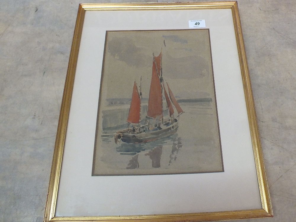 Rowland Fisher (1885-1969), unsigned watercolour of Lowestoft Harbour with fishing smack,