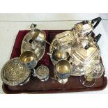 A silver plated four piece tea set and tray plus other silver plate