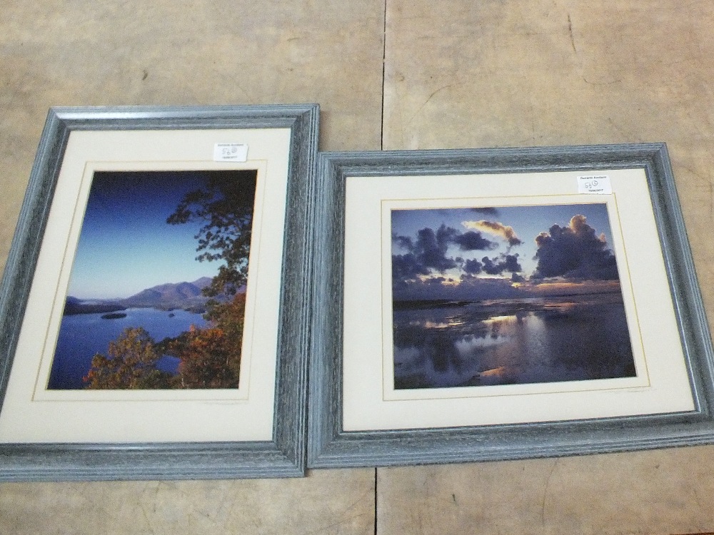 Three gilt framed bird prints plus two photo landscape prints
