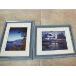 Three gilt framed bird prints plus two photo landscape prints