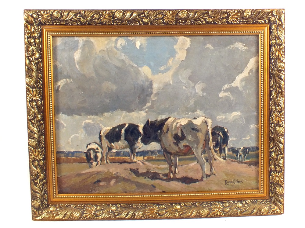 Rowland Fisher (1885-1969) oil on board of Friesian cattle grazing with stormy sky's,