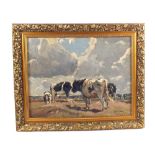 Rowland Fisher (1885-1969) oil on board of Friesian cattle grazing with stormy sky's,