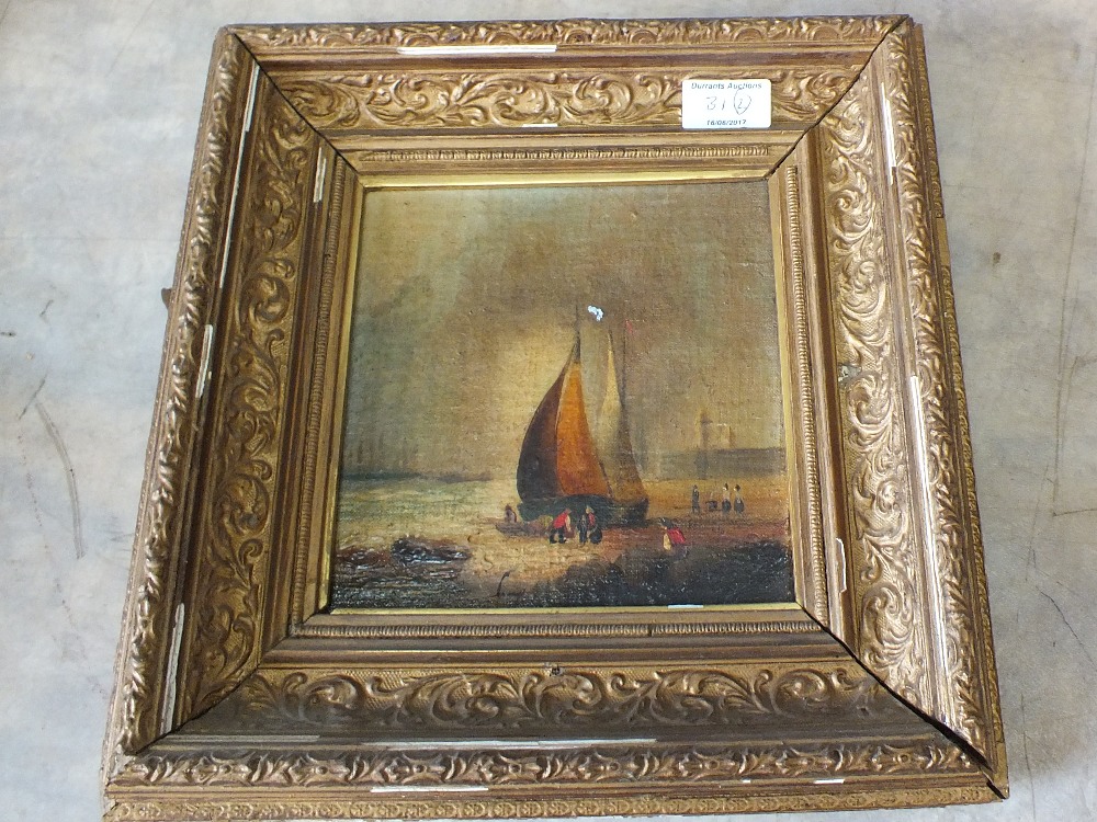 A pair of oils on board of beach scenes with sailing vessels