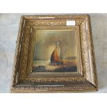 A pair of oils on board of beach scenes with sailing vessels