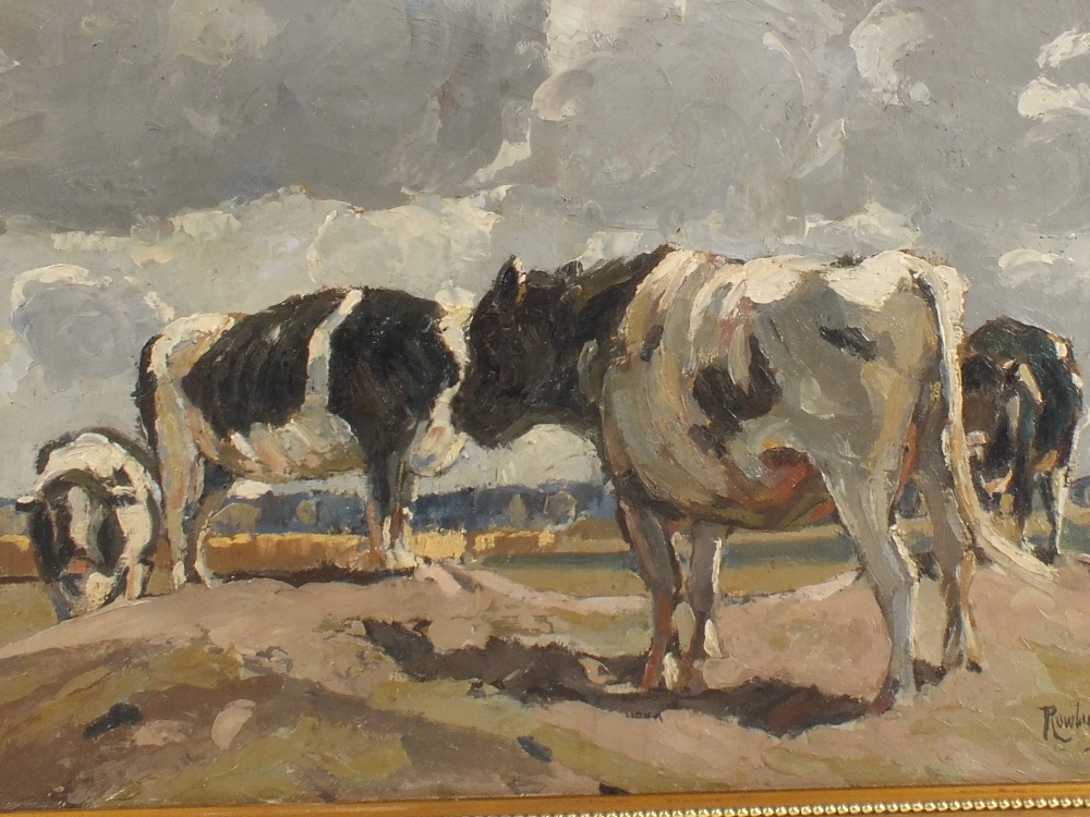 Rowland Fisher (1885-1969) oil on board of Friesian cattle grazing with stormy sky's, - Image 3 of 3