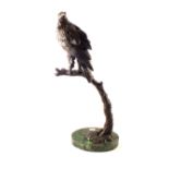 A bronze of a perched eagle on variegated marble base,