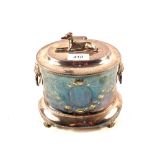 A Victorian Mappin Bros silver plated biscuit jar with lion ring handles and greyhound finial