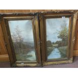 A pair of gilt framed river and woodland scene prints, 23" x 12",