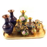 A quantity of various cloisonne vases plus a small wine pot