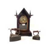 A mantel clock plus two box irons