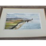 David Wright, watercolour of sea plane flying over the Scottish coast line, signed lower right,