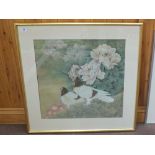 Yu Ruirong, watercolour titled 'Doves with Pink Peonies' with seal mark to right hand side,