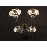 A pair of silver trumpet vases plus a small cloisonne vase