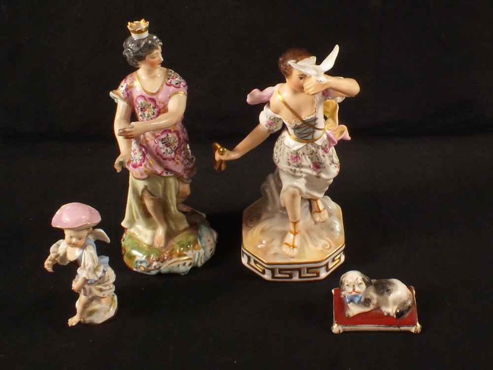 Three 19th Century continental figurines plus Royal Crown Derby figure Air (all as found)