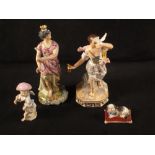 Three 19th Century continental figurines plus Royal Crown Derby figure Air (all as found)