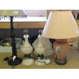 A pair of pink marble table lamps,