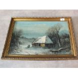 An oil on canvas of a winter scene with cottage and figures,