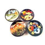 Four boxed Moorcroft pin dishes, New Forrest circa 2006, Triple Choice circa 2005,