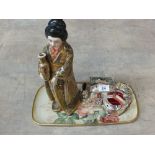 A Satsuma Geisha (head repaired) plus a soft metal musical smokers set