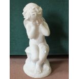 A cast white seated winged cherub,