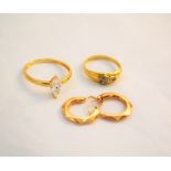 A pair of gold hoop earrings plus two 18ct gold stone set rings