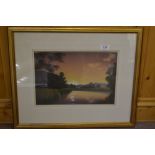 Tony Garner, watercolour of a sunset river scene,