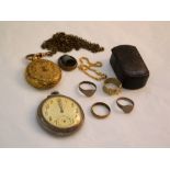 A gilt metal pocket watch and chain with 9ct gold clasp plus one other and rings etc