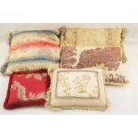 Four various small cushions including antique silk embroidered
