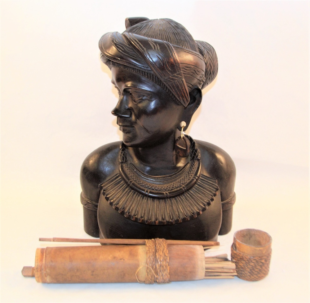 An eastern carved hardwood bust plus a bamboo quiver of darts