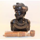 An eastern carved hardwood bust plus a bamboo quiver of darts