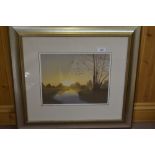 Tony Garner, watercolour of a sunrise river scene,