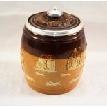 A Doulton Lambeth stoneware tavern scene biscuit barrel with silver rim and knop