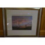 Tony Garner, watercolour of a sunset river scene with vessels,