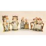 Three Bisque figure groups plus one other, three christening gowns,