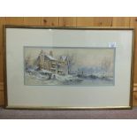 A Turner watercolour of a winter scene with house, figures and river,