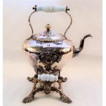 A Victorian silver plated on copper spirit kettle with porcelain handles plus one other (no stand)