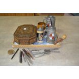 An octagonal inlaid wooden box and steins etc