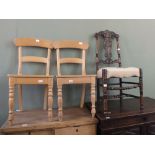 A 19th Century carved back dining chair with floral tapestry seat and a pair of beech hard seat