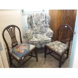 A pair of 19th Century carved mahogany hoop back chairs and modern tapestry upholstered armchair