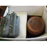 A Remington Rand hand calculator, wooden and pottery barrels,