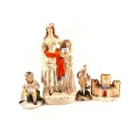 Three Victorian Staffordshire figures plus a house ornament