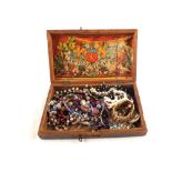 A Victorian inlaid box of various costume jewellery