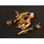 A mixed lot of 9ct gold and yellow metal earrings including coral set together with a 9ct gold