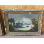 A pair of oils on board of a river and castle scene plus a river moonlit scene,