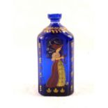 A 19th Century Bristol blue glass flask decorated with a lady playing a lute,